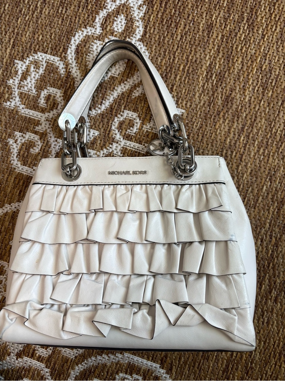 Michael Kors Cynthia ruffled leather Ivory w/ silver hardware satchel Handbag
